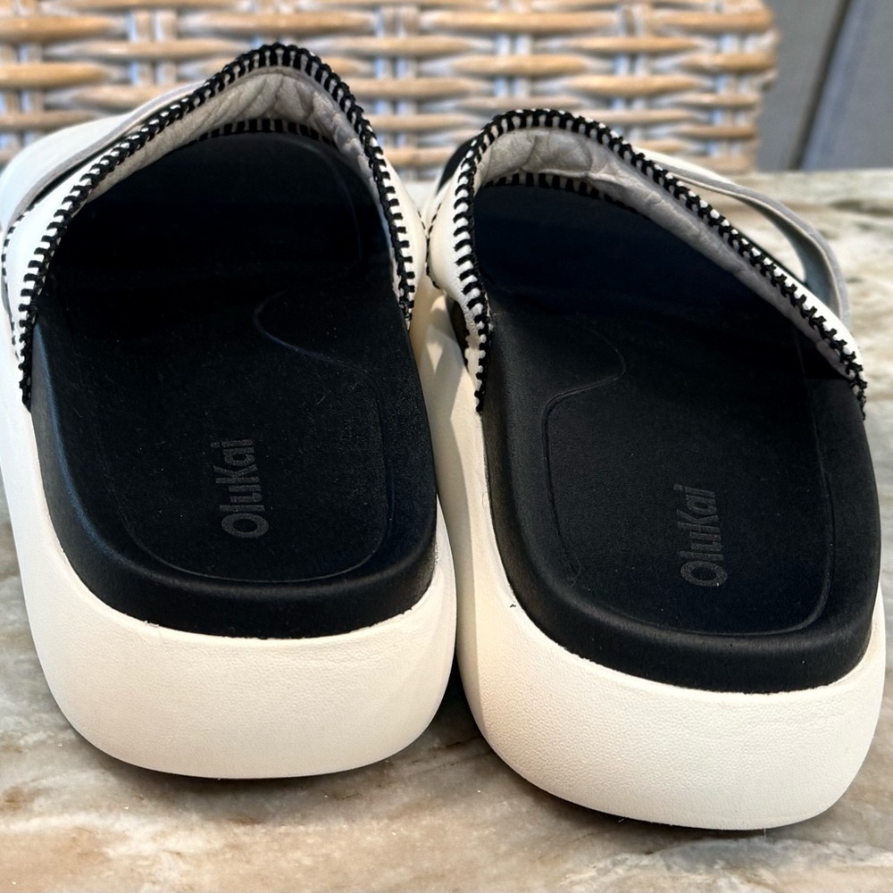 OluKai Ivory and Black Double Strap Slide Sandals - Picture 6 of 8